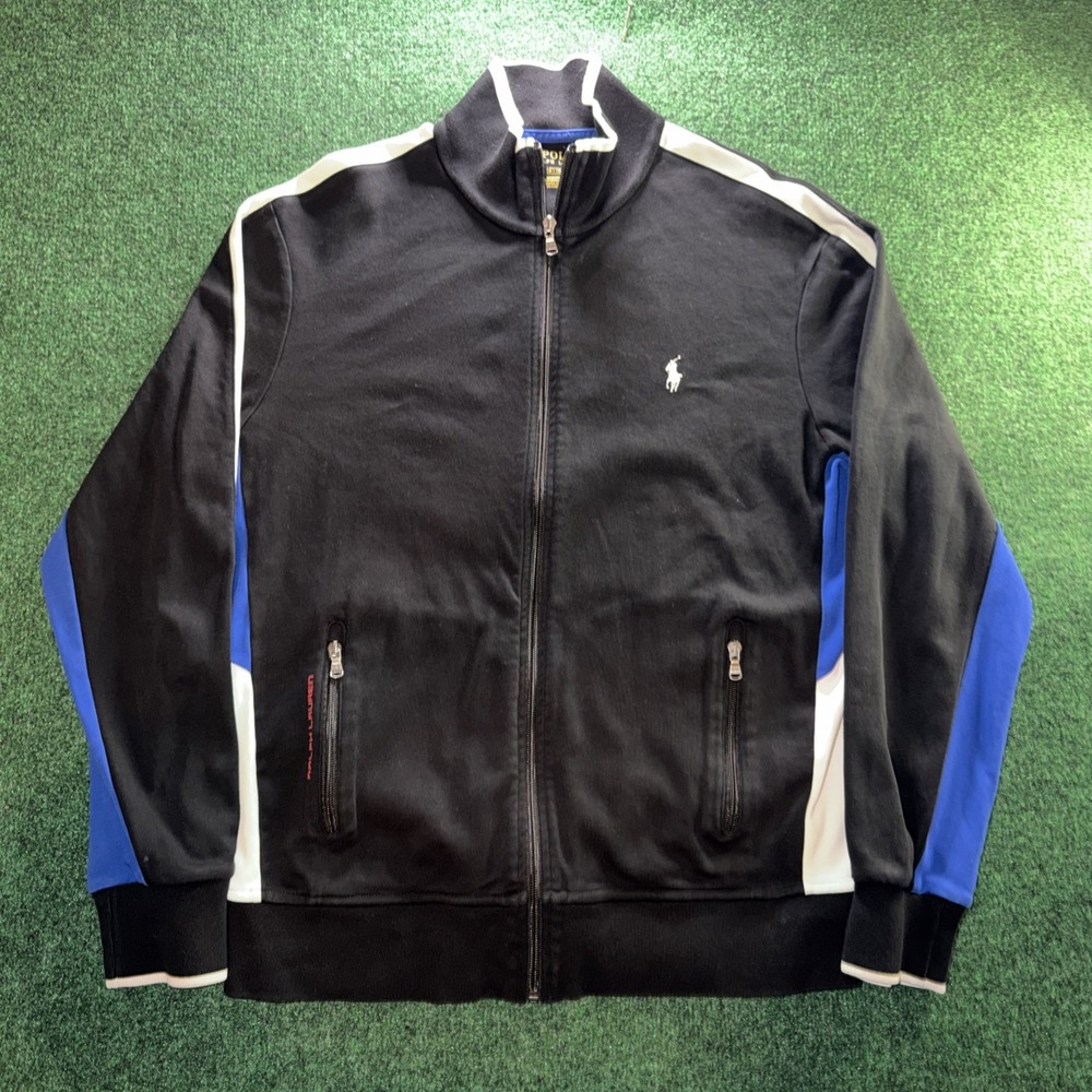 Polo Ralph Lauren Track Jacket Men M Black Full Zip Striped Stretch Cotton